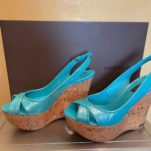 Louis Vuitton Aqua Blue Wedge Sandals - Picture 1 of 6